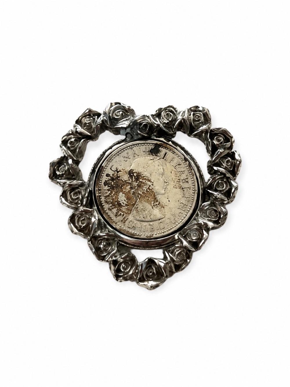 Vintage Queen Elizabeth II Coin Heart Rose Pendant Silver Tone